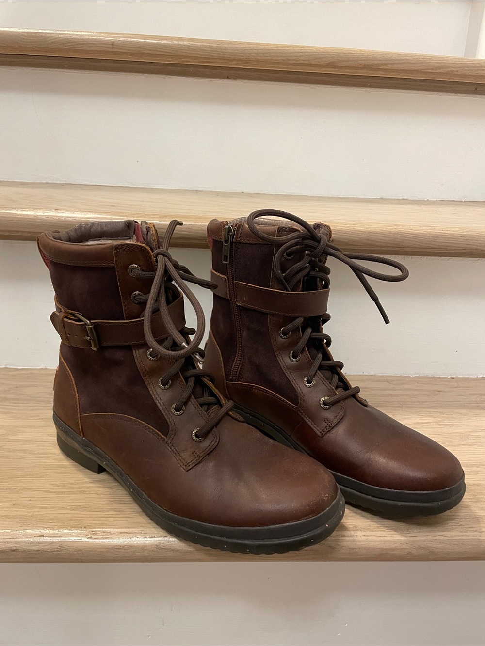 UGG Women’s Waterproof Sheepskin-Lined Brown Leather Lace-Up Buckle Boots - 8
